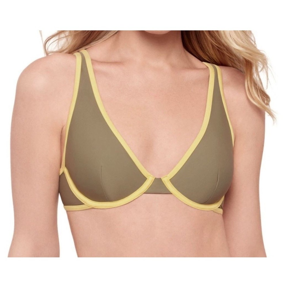 Salt + Cove Juniors' Plunge Underwire Bikini Top in Sage Green/ Yellow Medium